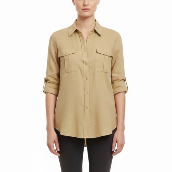 Ralph Lauren Tops - Ralph Lauren Womens Beige Linen Long Sleeve Utility Shirt Button Front Size XL